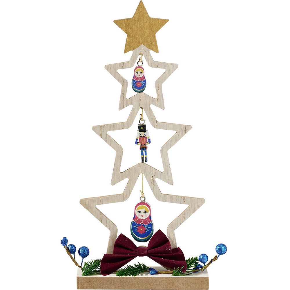 Sapin à poser en bois décor étoile, casse noisette et matriochka H26 cm