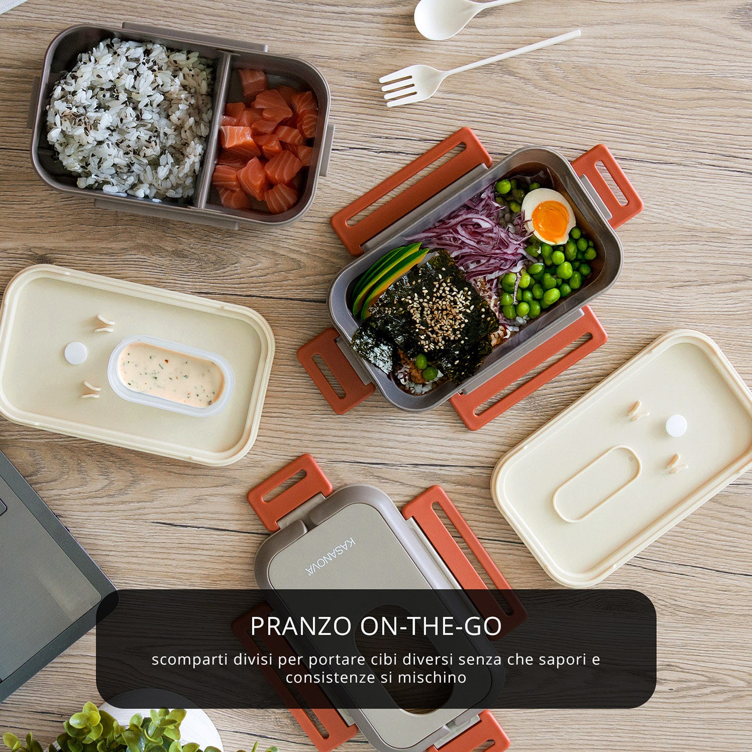 Porta pranzo con 2 scomparti e posate Clicks marrone arancio