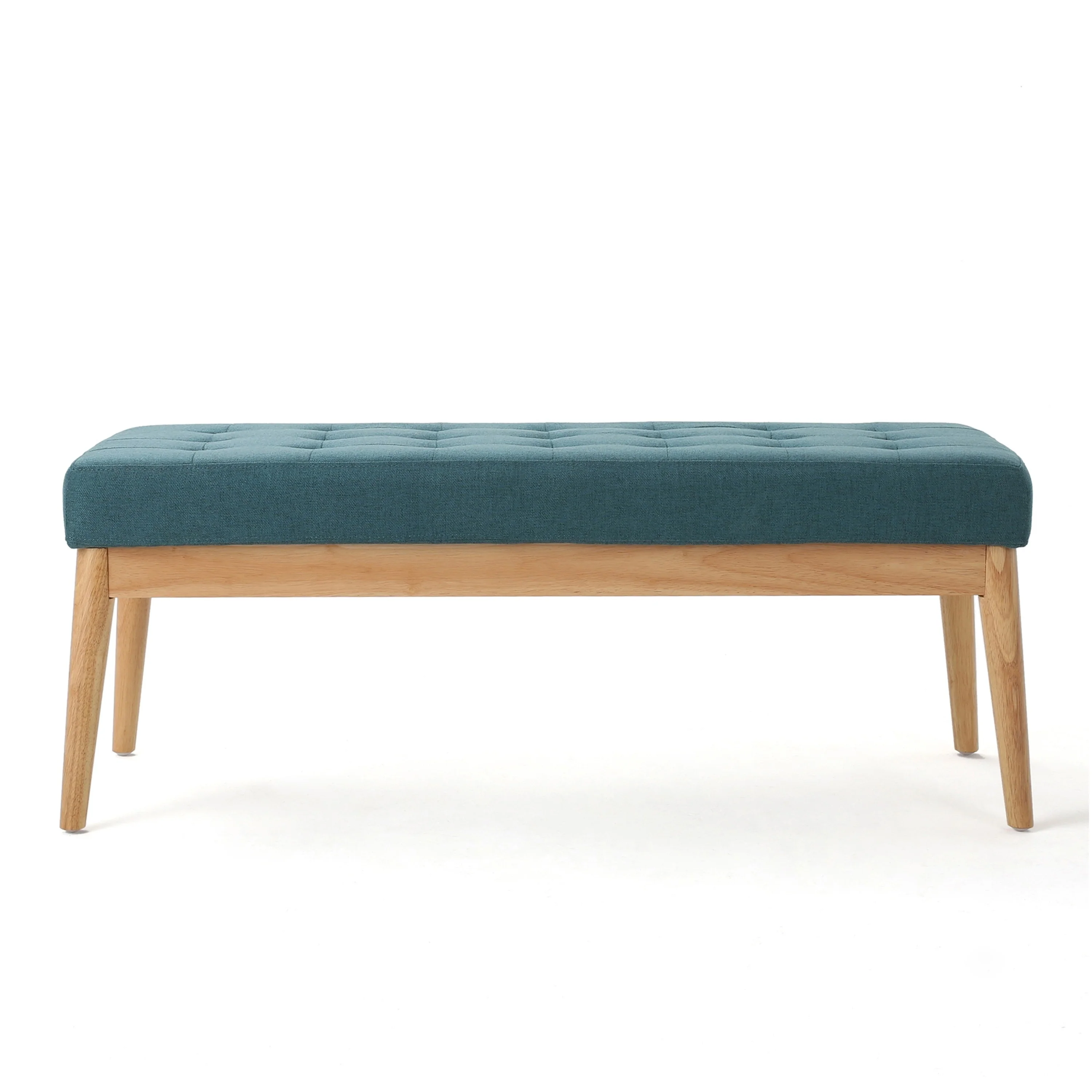 Gisa Ottoman Bench, Teal Blue Fabric Tufted Seat, 44 Inch Brown Wood