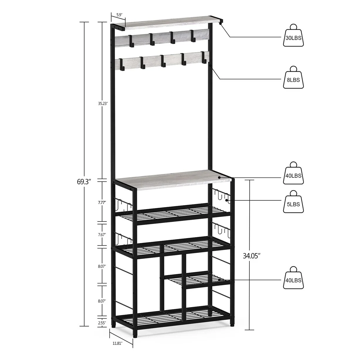 Vintage Large 5-Tier Hall Tree with Console Table Entryway Coat Rack Freestanding Shoes Rack Storage Shelf Organizer