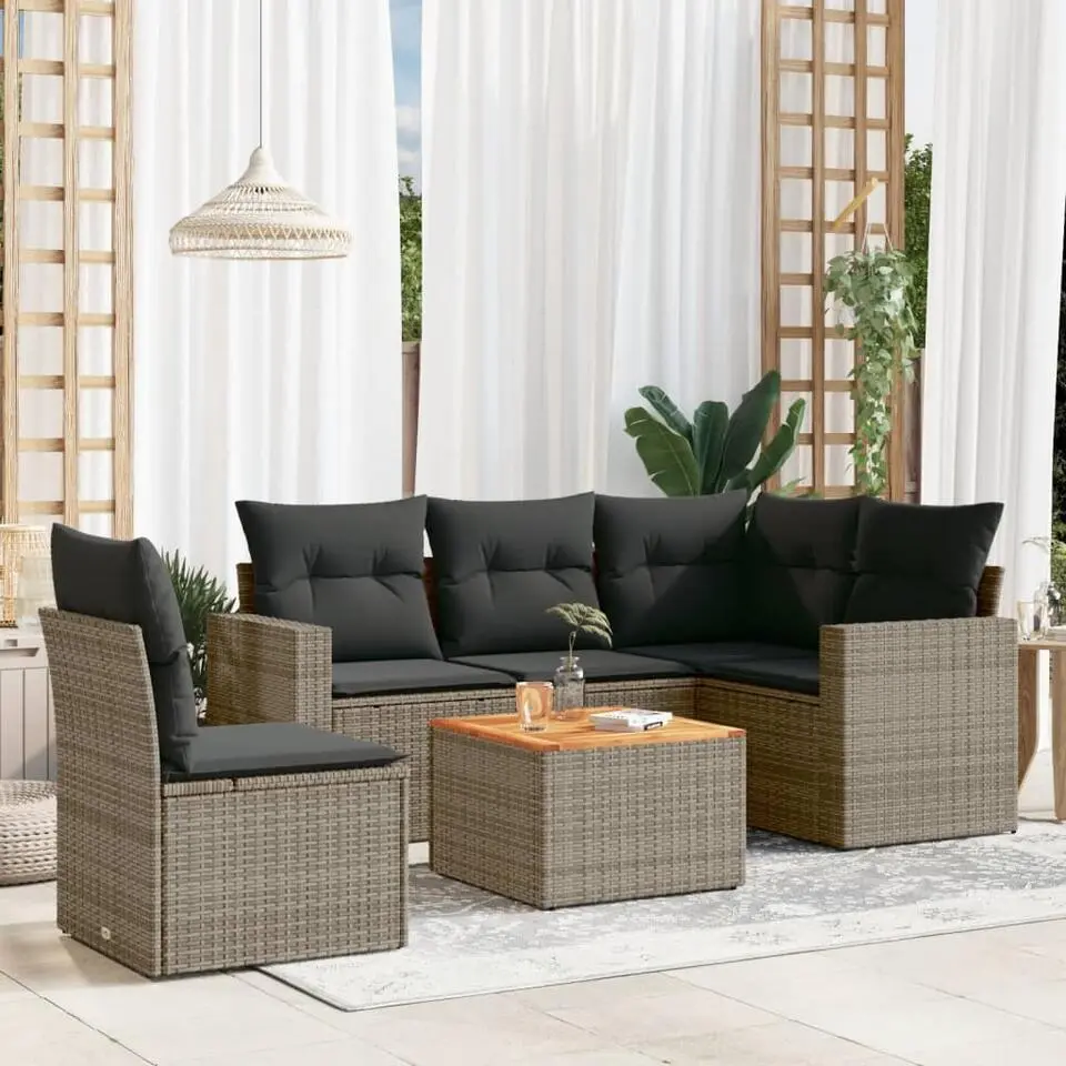 vidaXL Loungeset incl. kussens en salontafel voor 5 - Grijs - Poly rattan