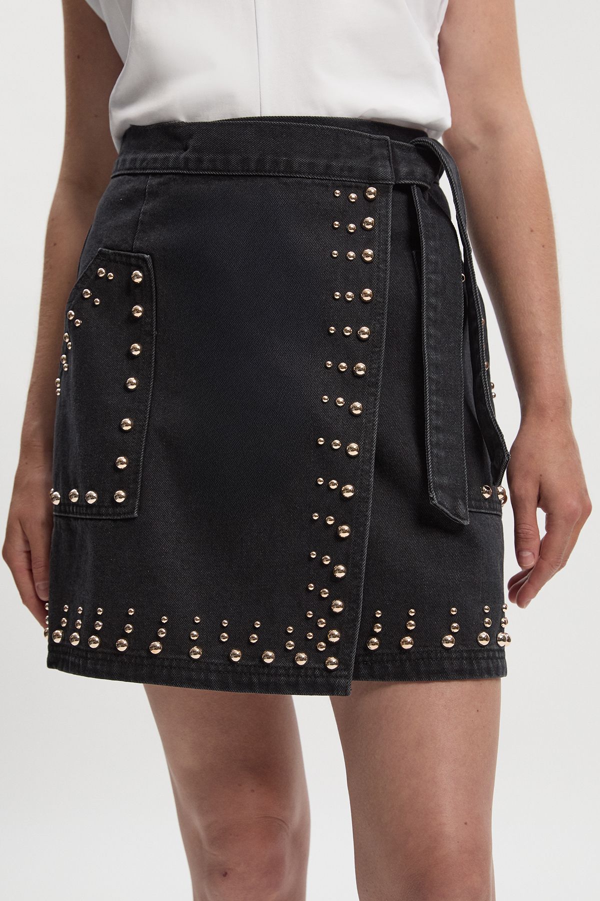 KarenMillen Denim Studded Wrap Mini Skirt