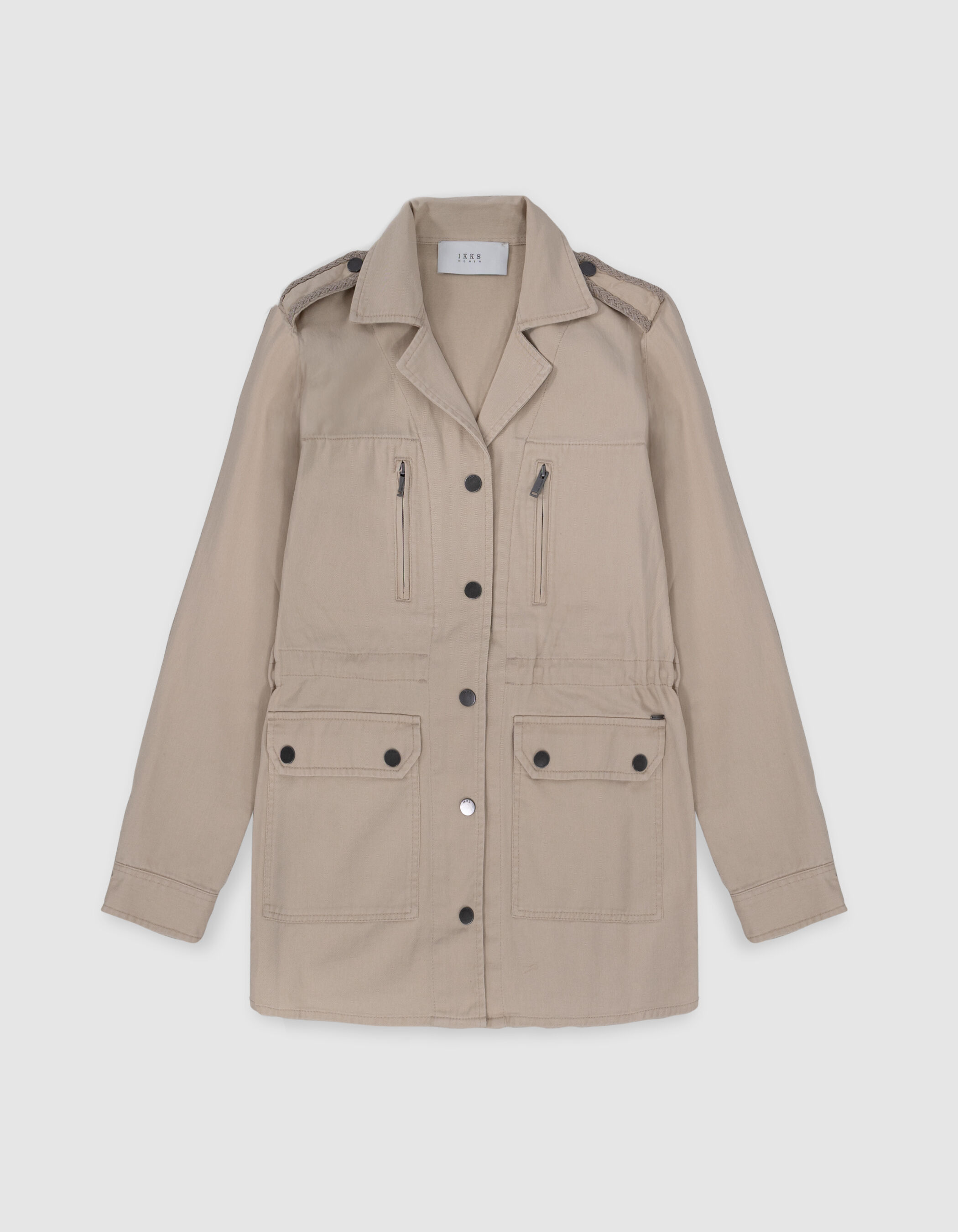 Veste saharienne beige broderies épaules Femme