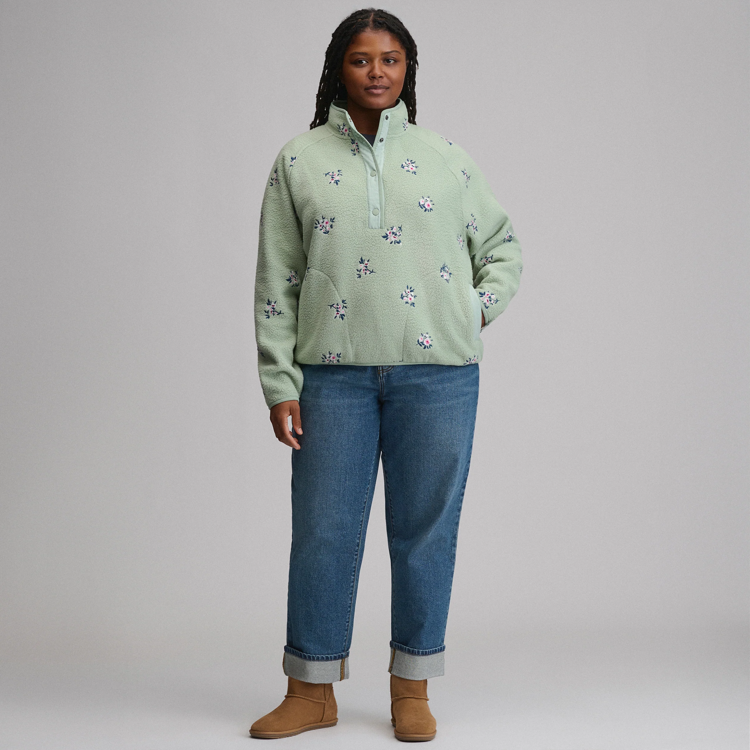 Women's Plush Fleece Snap-Mock Pullover - Embroidered