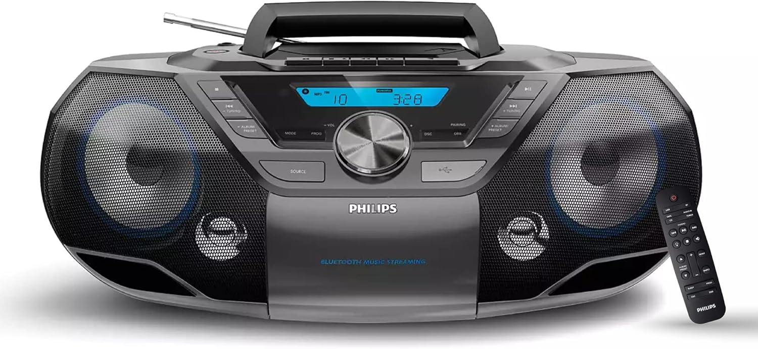 Philips Portable CD Player Boombox Bluetooth with Cassette Player All in one Powerful Stereo Boom Box CD Player for Home Mega Bass Reflex Speakers  Radio/USB/MP3/AUX Input with Backlight LCD Display