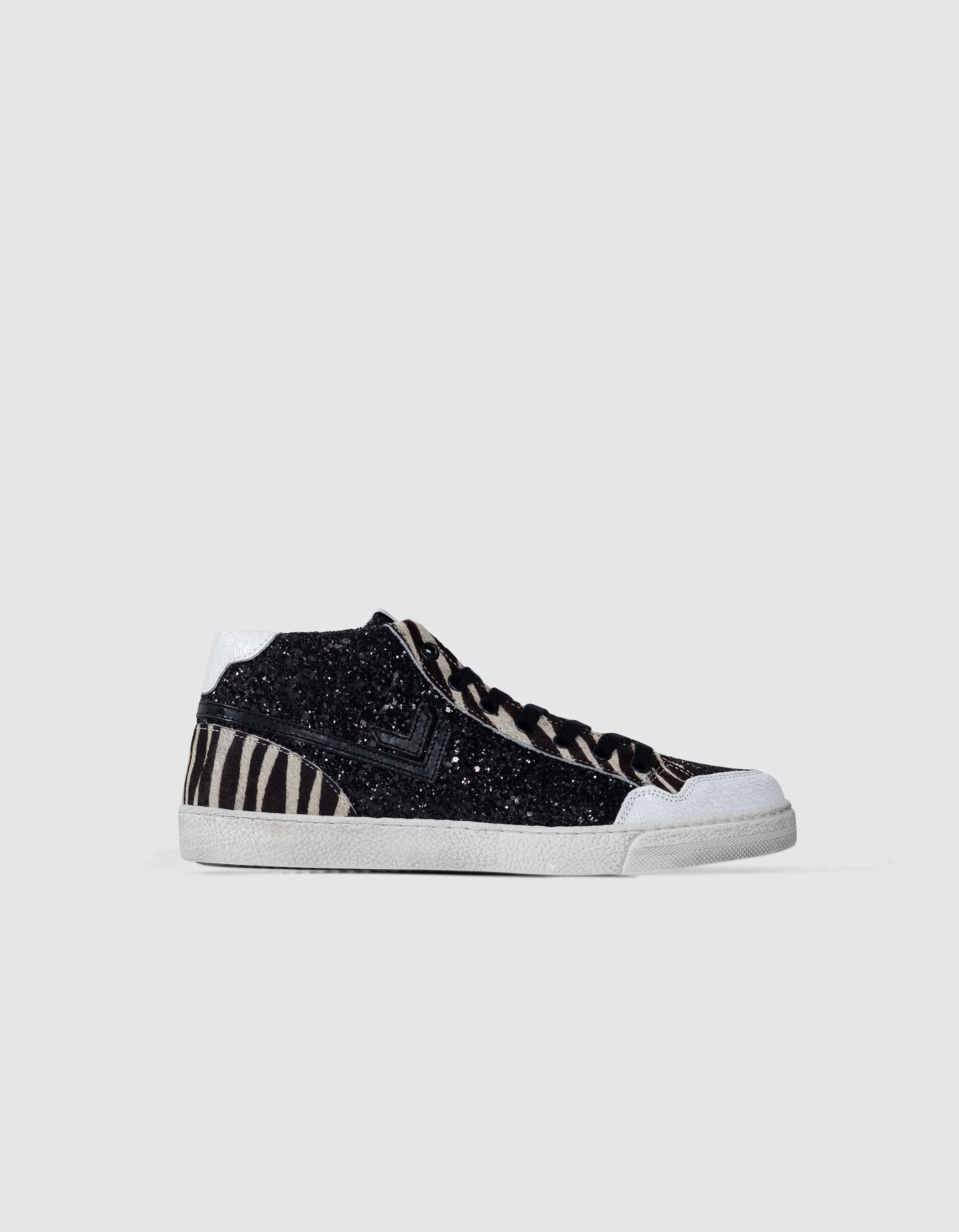 Baskets noires micro sequins et cuir motif zèbre Femme