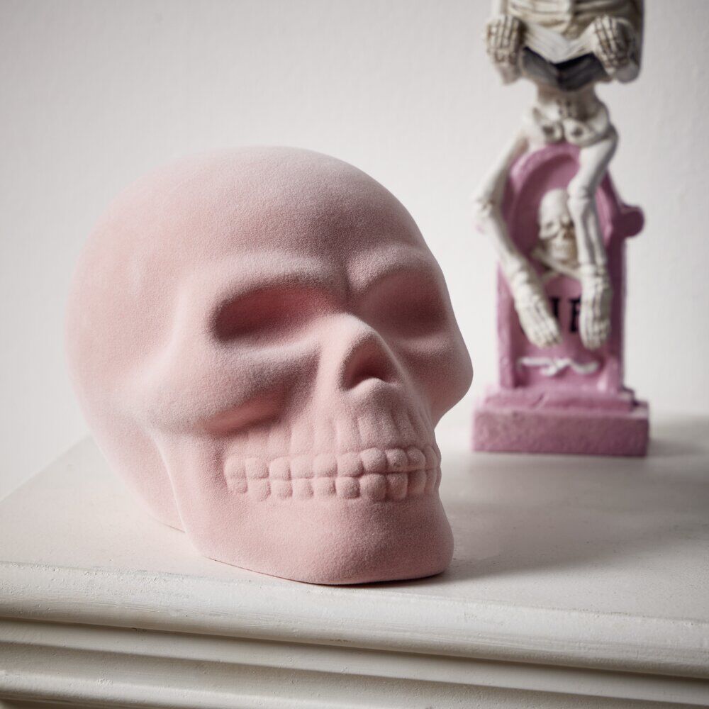 Décoration velours Halloween tête de mort pastel rose 12x11xH16cm