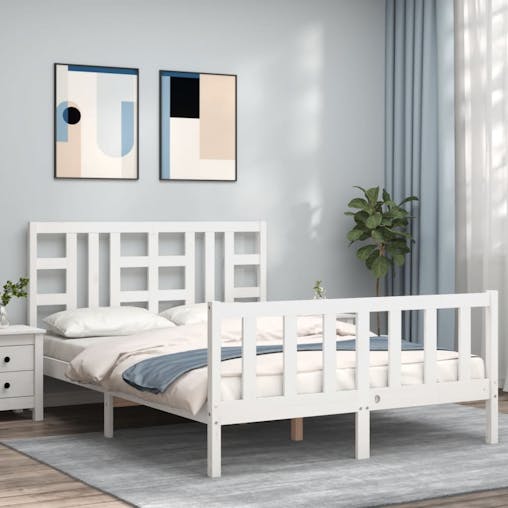 NNEVL Bed Frame with Headboard White 137x187 cm Double Solid Wood
