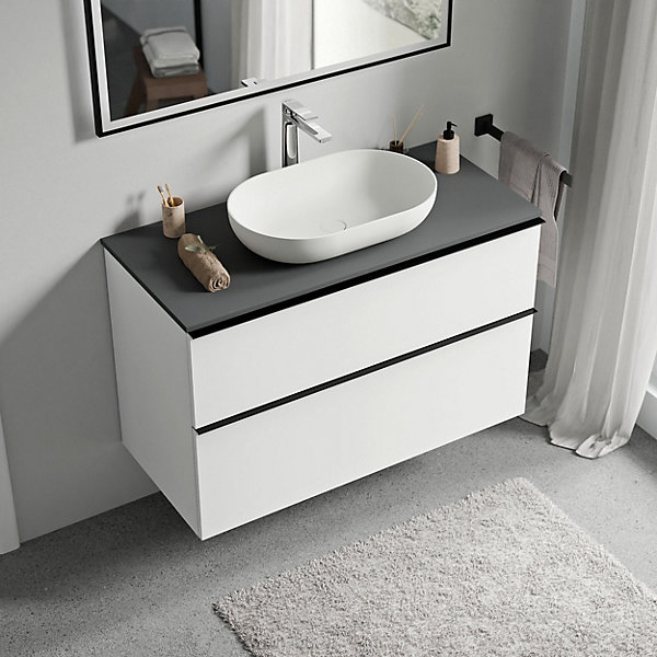 Meuble sous vasque suspendu MDF Blanc mat, plan vasque &poignée Anthracite mat - 100x46x62cm - LAVOA