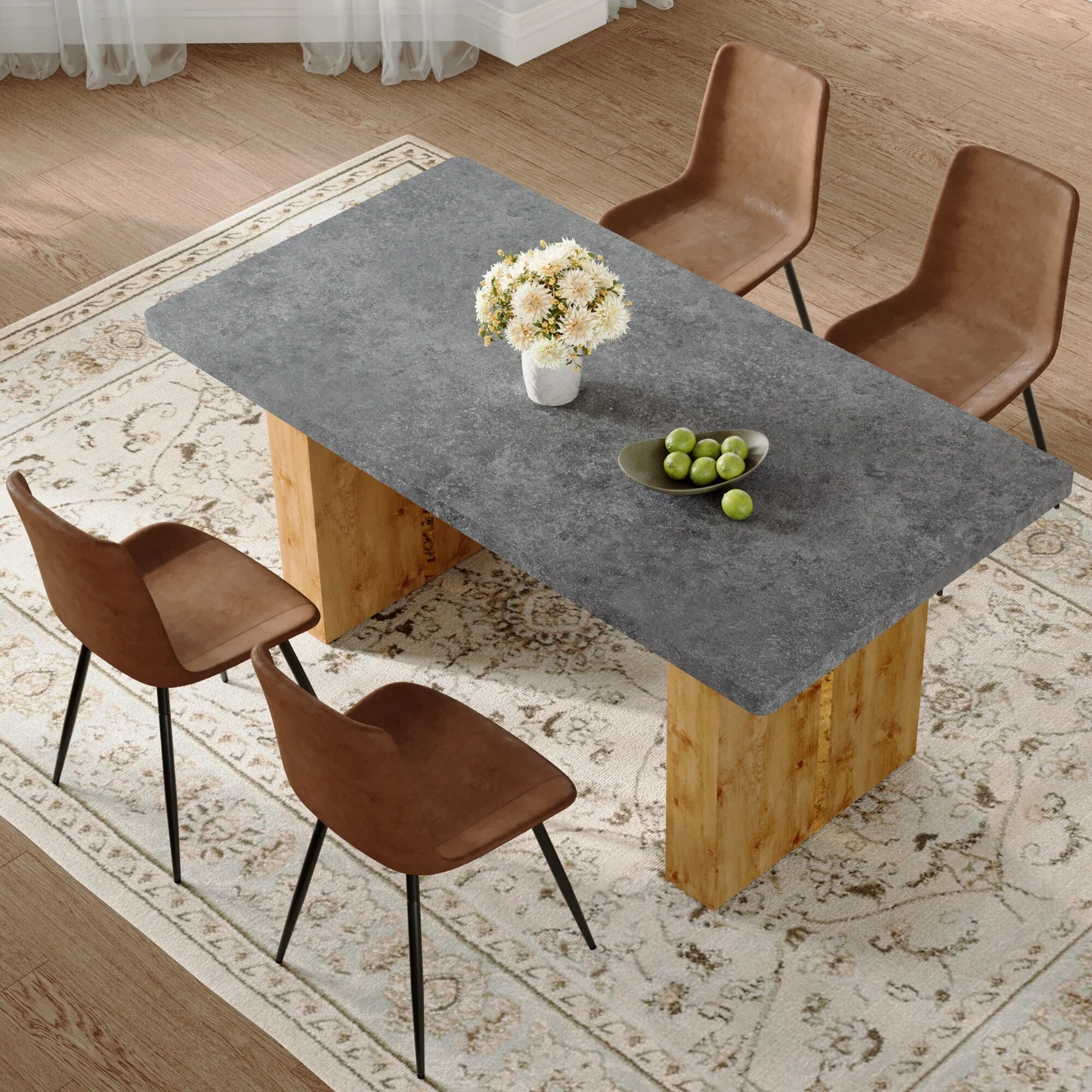 Table and chair set,Cozy Modern MDF Dining Set -with 4 Comfortable Technology-Fabric Chairs With Curved Widened Cushion Design