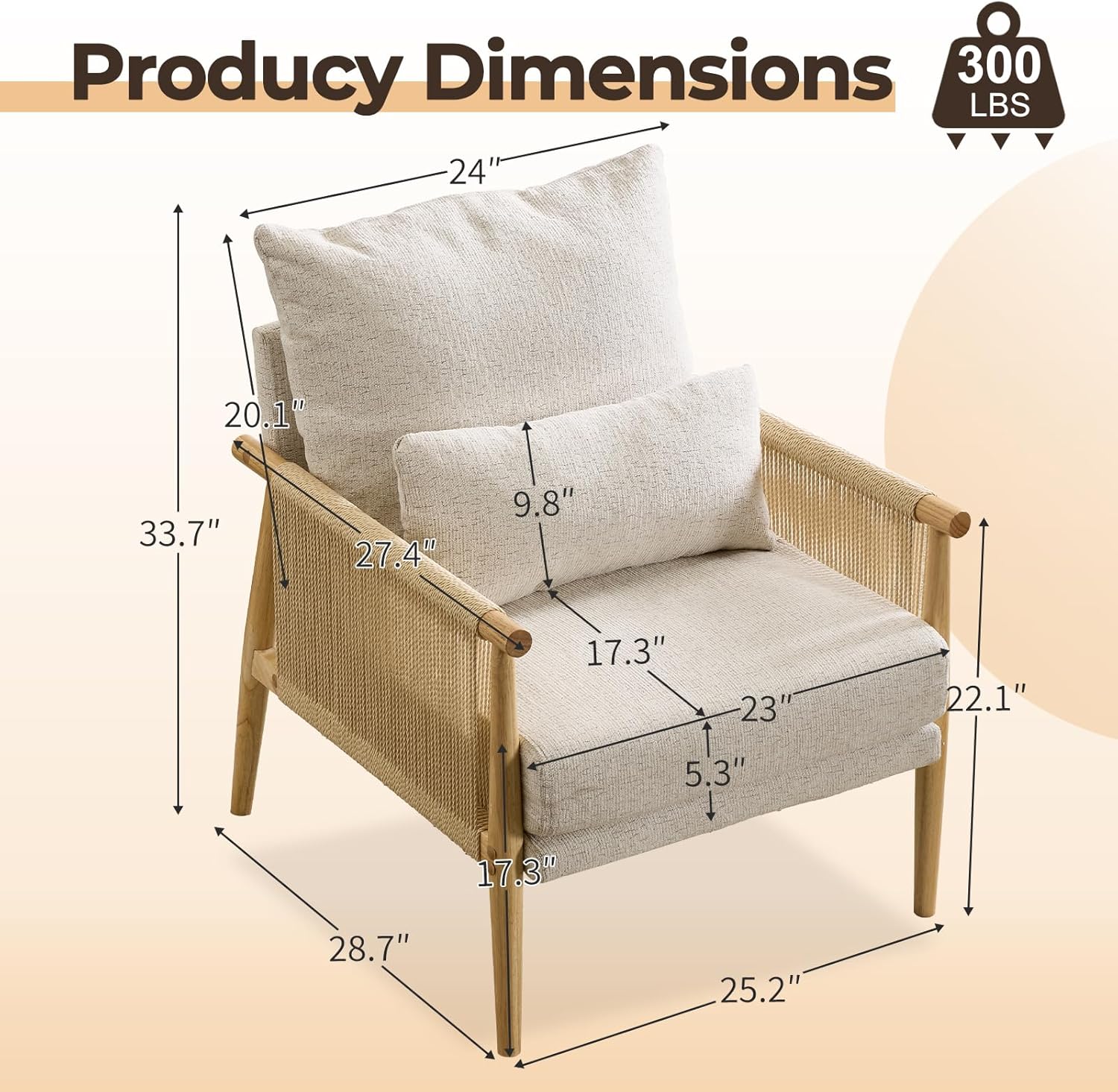 Karl home Cozy Chenille Accent Chair with Lumbar Pillow & Rattan Arms Modern Lounge Chair for Living Room, Bedroom, Reading Nook, Gray