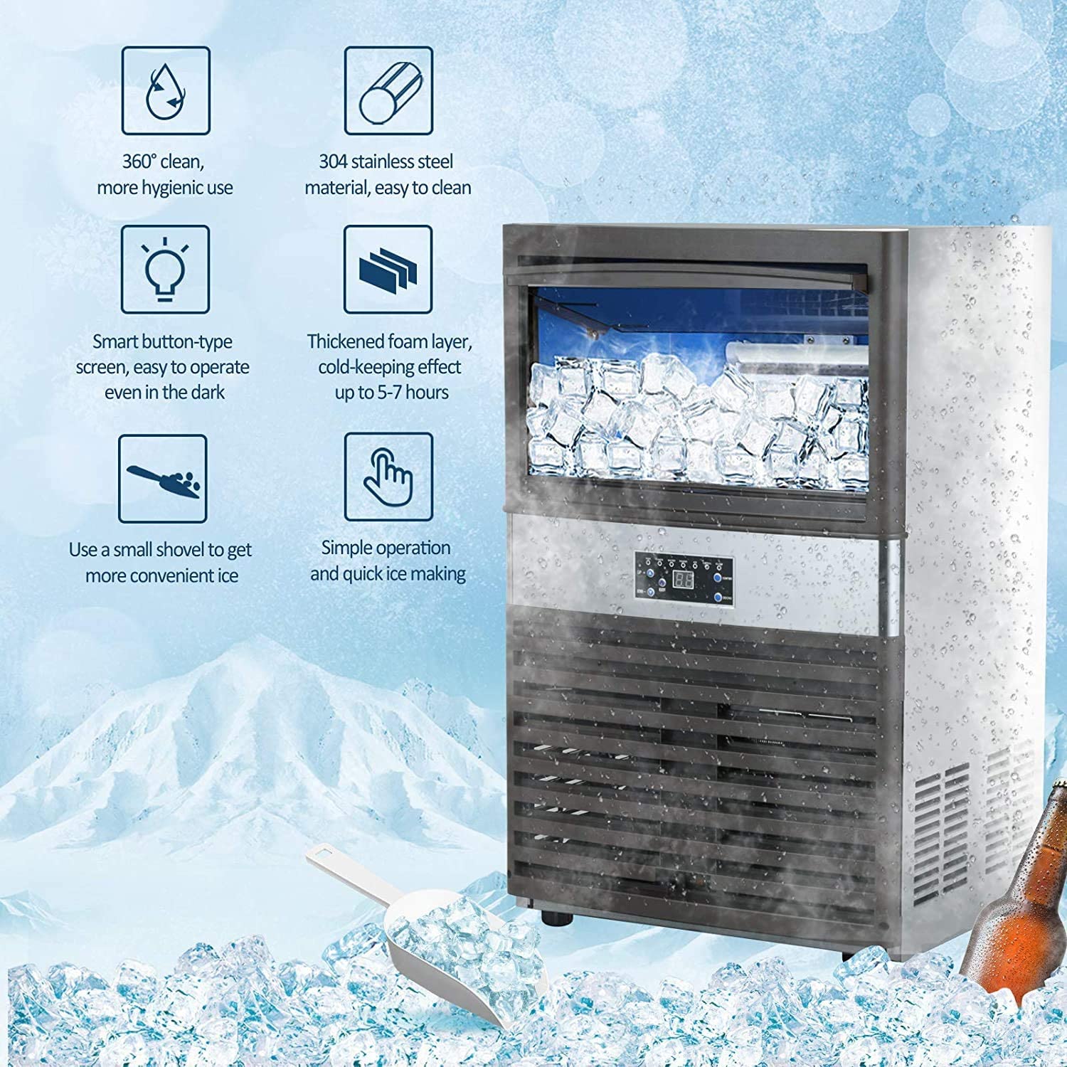 YUTGMasst Commercial Ice – 110LBS/24H Stainless Steel Free-Standing Ice Machine Maker Air Cooling Ice
