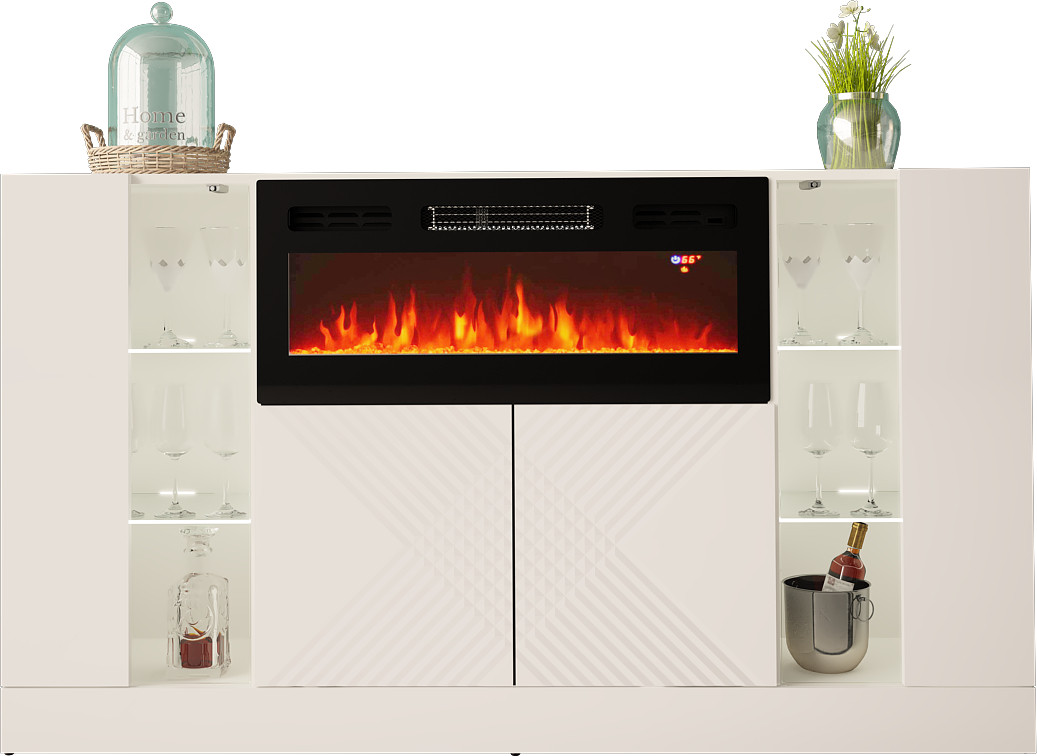 Komoda 160cm z kominkiem - Diuna 1 Biały mat - Biały połysk