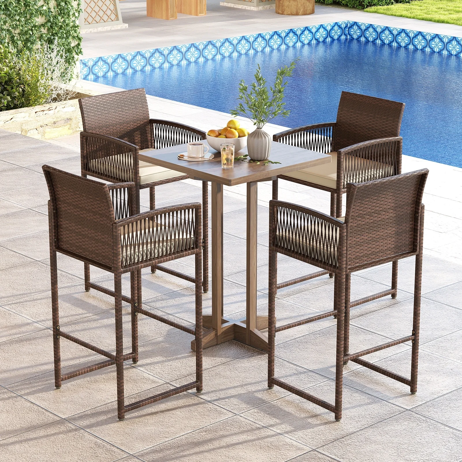 Outdoor Wicker Bar Stools Set of 2 Patio Chairs with Cushions and Footrest - 22 x 20.5 x 44
