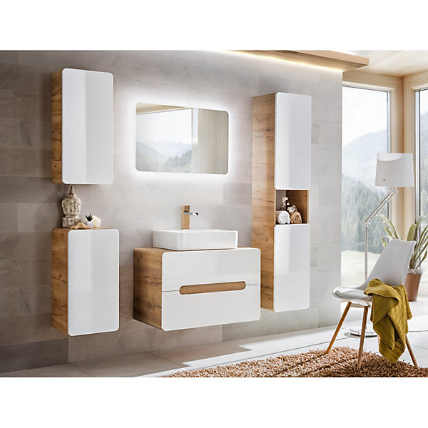 Colonne salle de bain ERBANOChene clair et blanc brillant35x170 cm2 portesMeuble suspendu