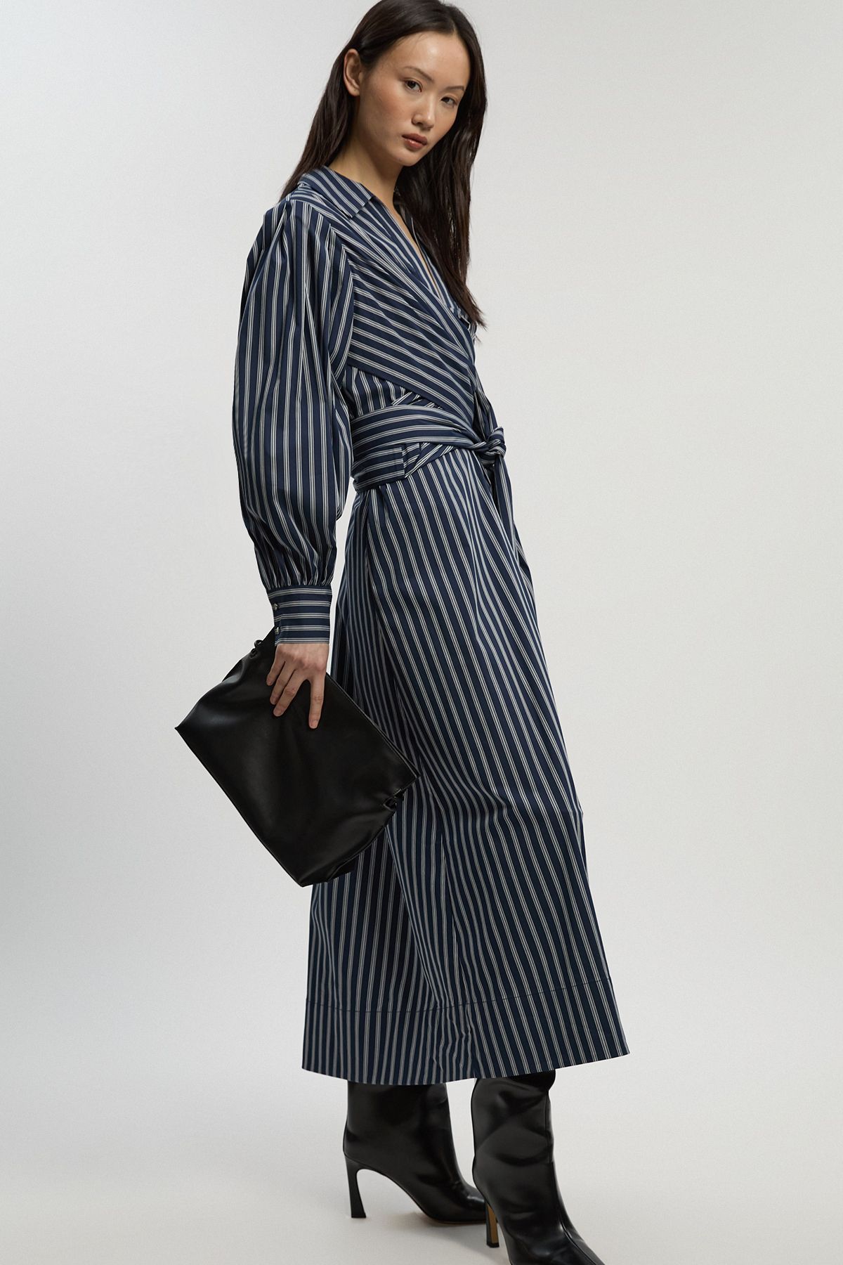 KarenMillen Forever Stripe Cotton Poplin Drama Sleeve Woven Wrap Detail Shirt Dress