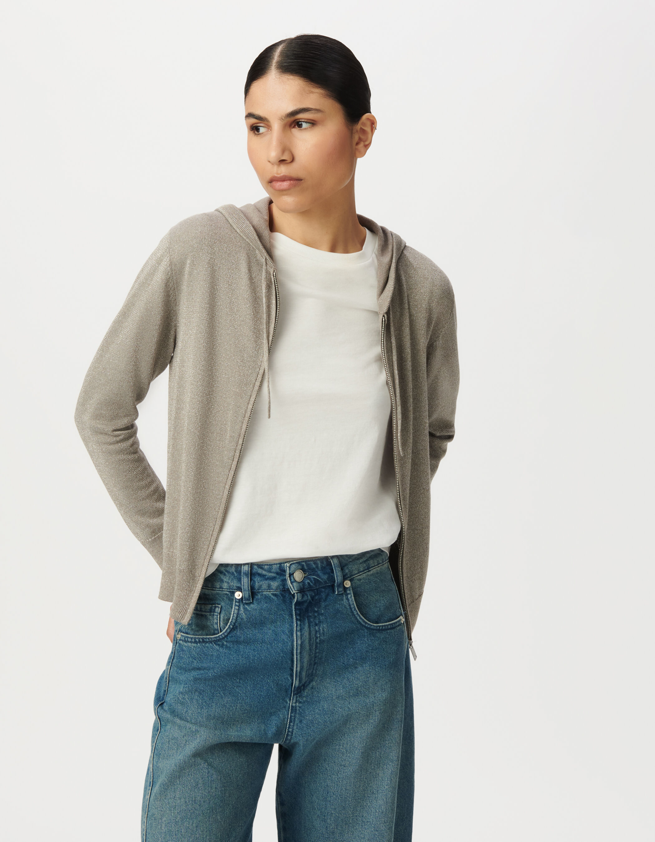 Cardigan sésame tricot pailleté motif chevrons ajouré dos Femme
