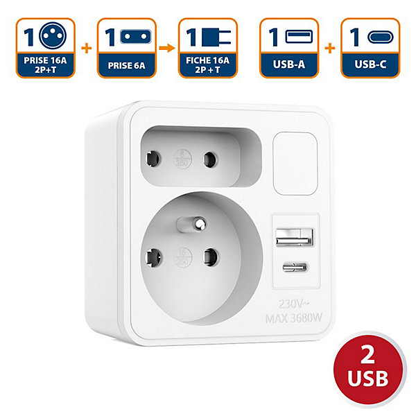 Biplite frontale 2 prises (16A   6A). Avec veilleuse et 1 prise USB-A   1 prise USB-C