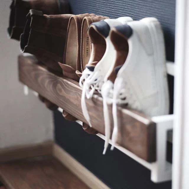 Narrow Wall Mounted Shoe Rack, Vertical Metal Shoe Organizer, Entryway Floating Shelf, Minimalist Hallway Shoe Storage, Slim Wood Boot Rack