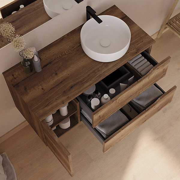 Meuble de salle de bain 100cm avec plateau et vasque à poser à droite Ares - sans miroir - 2 tiroirs et 1 placard - tabaco - ZARZA