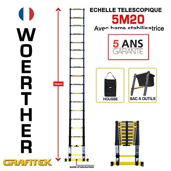 Echelle télescopique Woerther 5m20 avec barre stabilisatrice plus housse et sac porte outils