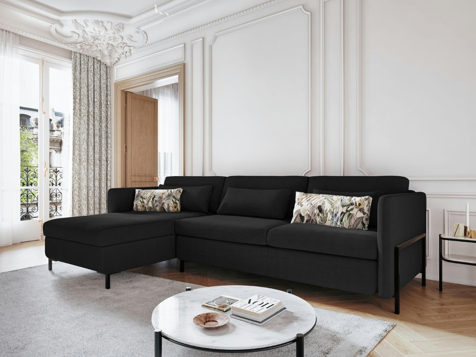 YANIS - Canapé D'Angle Gauche Conv. Coffre 4 places Tissu Struct. Gris Foncé