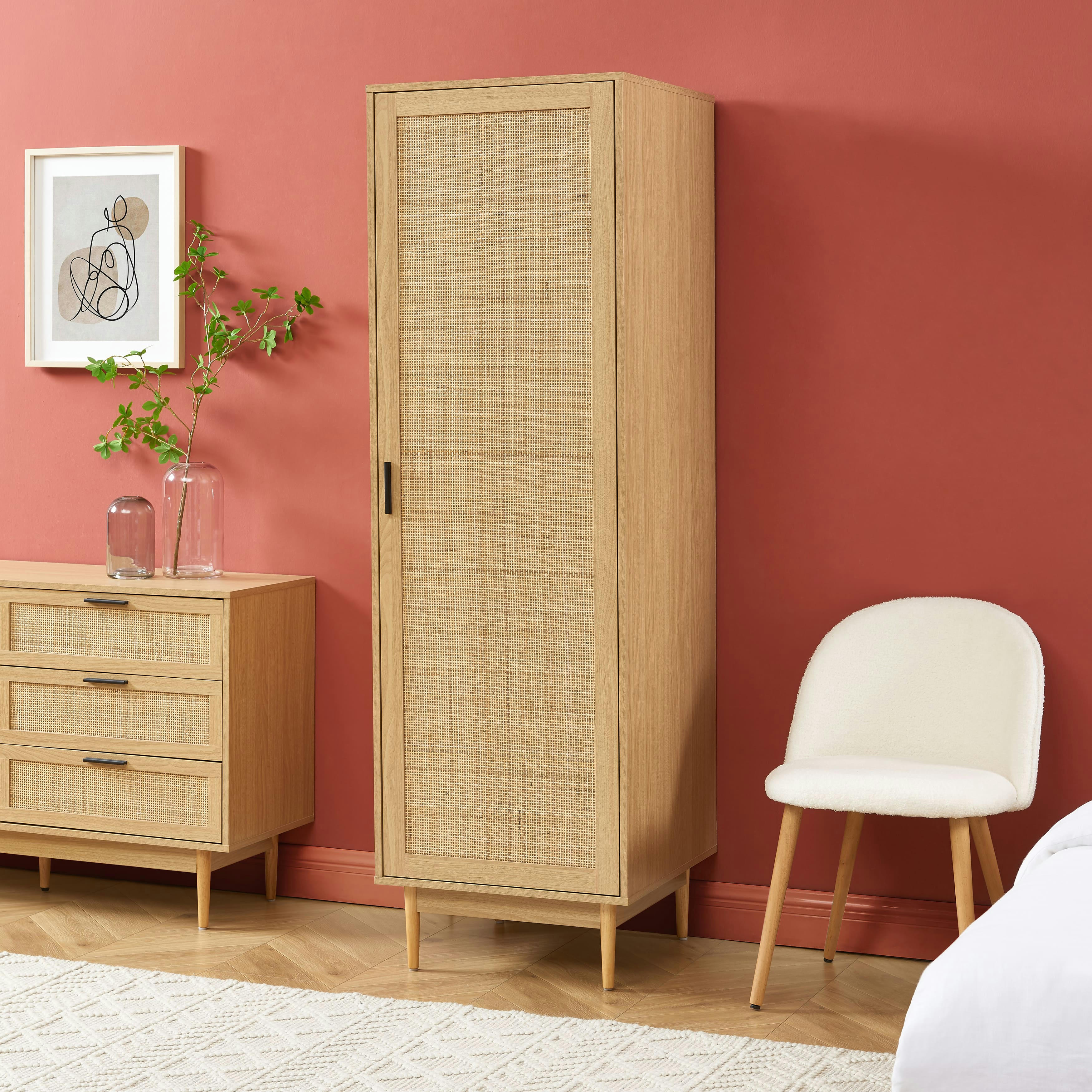 AMANA - Armoire  effet chêne et cannage rotin 1 porte h180cm