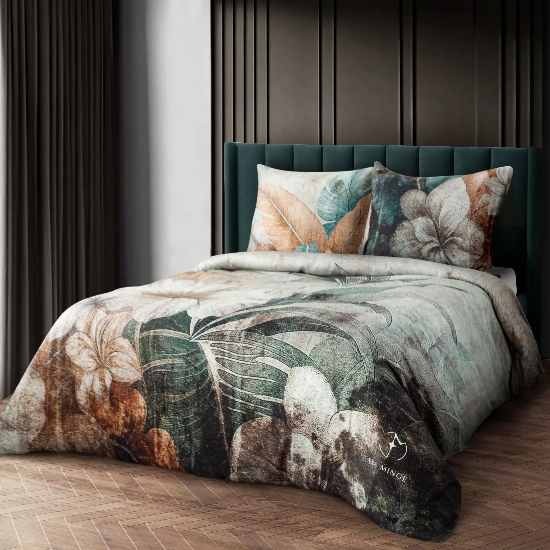 Pościel bawełniana z makosatyny 160x200 cm komplet 3 częściowy kolor jasnoszary, zielony z wzorem designerskim SERENA Eva Minge