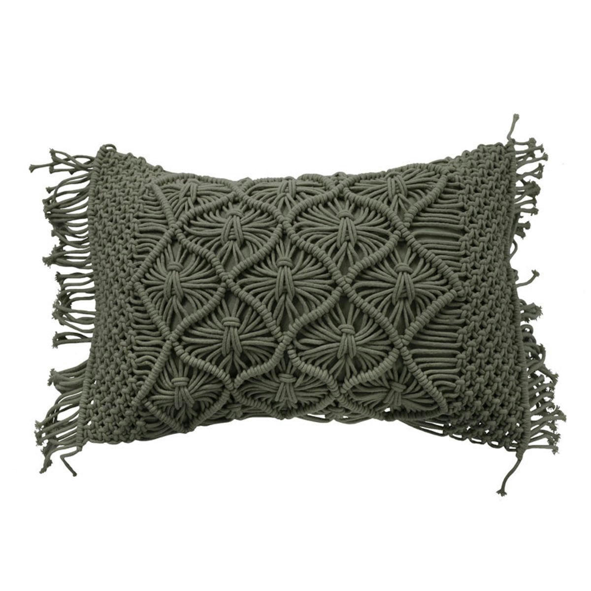 MACRAME - Coussin macramé en coton tressé vert kaki taupe 40x60