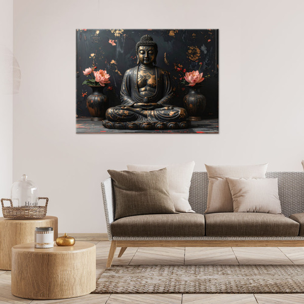Obraz do salonu sypialni, Budda Zen Spa Kwiaty na czarnym tle 30x20