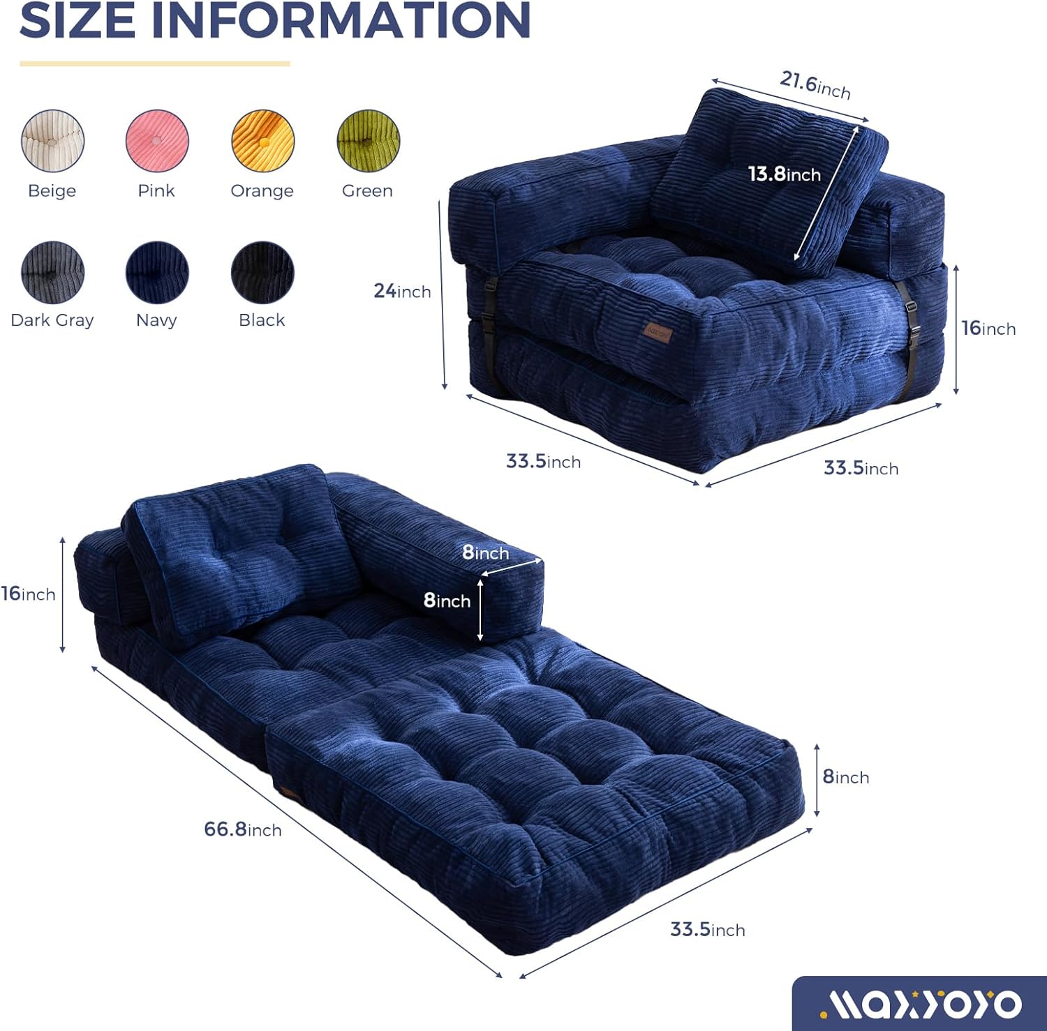 MAXYOYO Folding Sofa Bed, L-Shaped Convertible Sofa Bed with Armrest Foldable Sleeper Sofa with Pillow, Portable Fold Out Chair Bed Comfy Floor Lounge for Living Room Bedroom, Navy