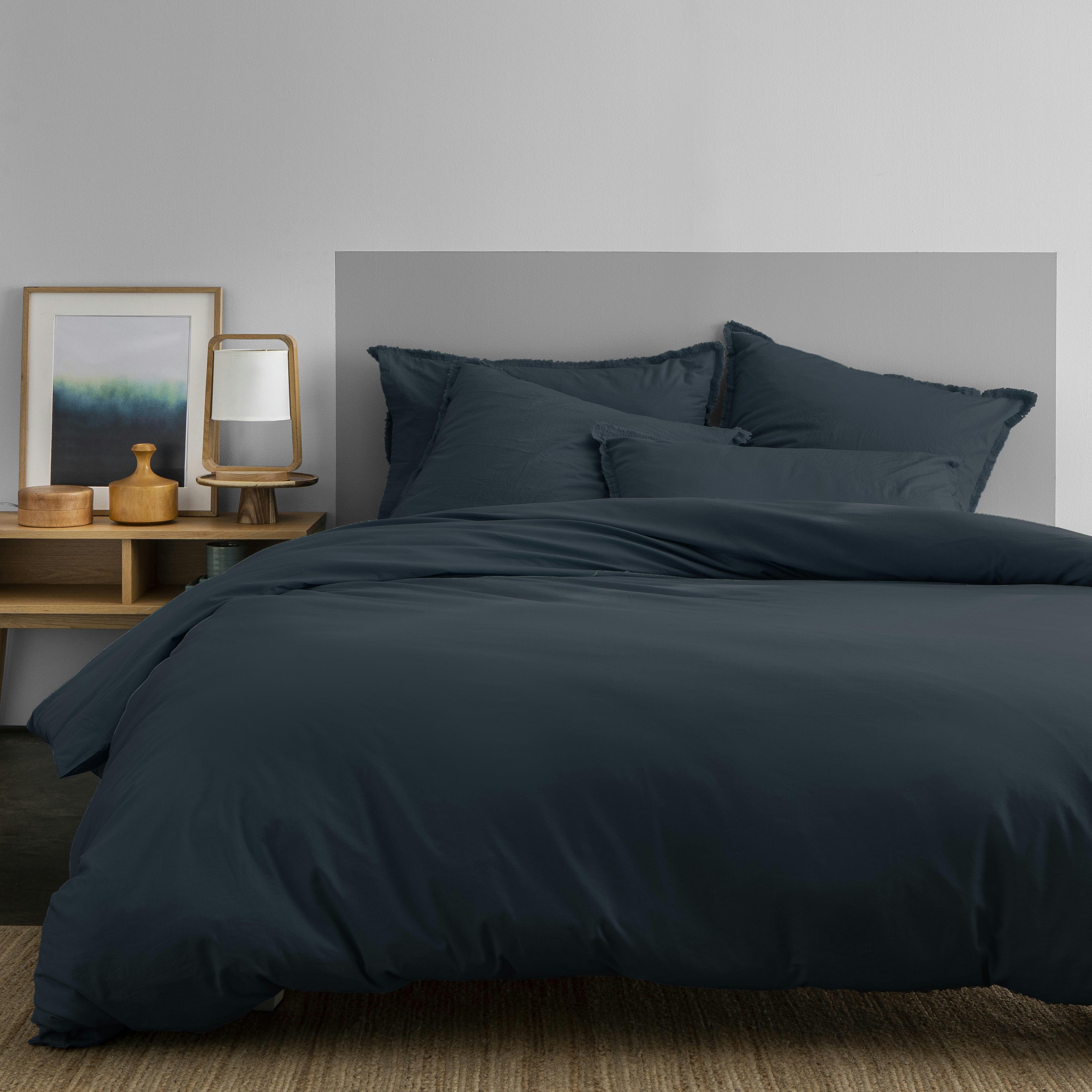 COTON LAVÉ - Parure de lit unie en coton lavé Bleu Nuit 260x240+2x65x65cm