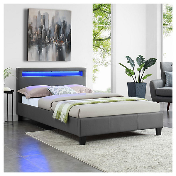 Lit LED simple MIRANDO 120x190 cm, avec sommier, revêtement synthétique gris