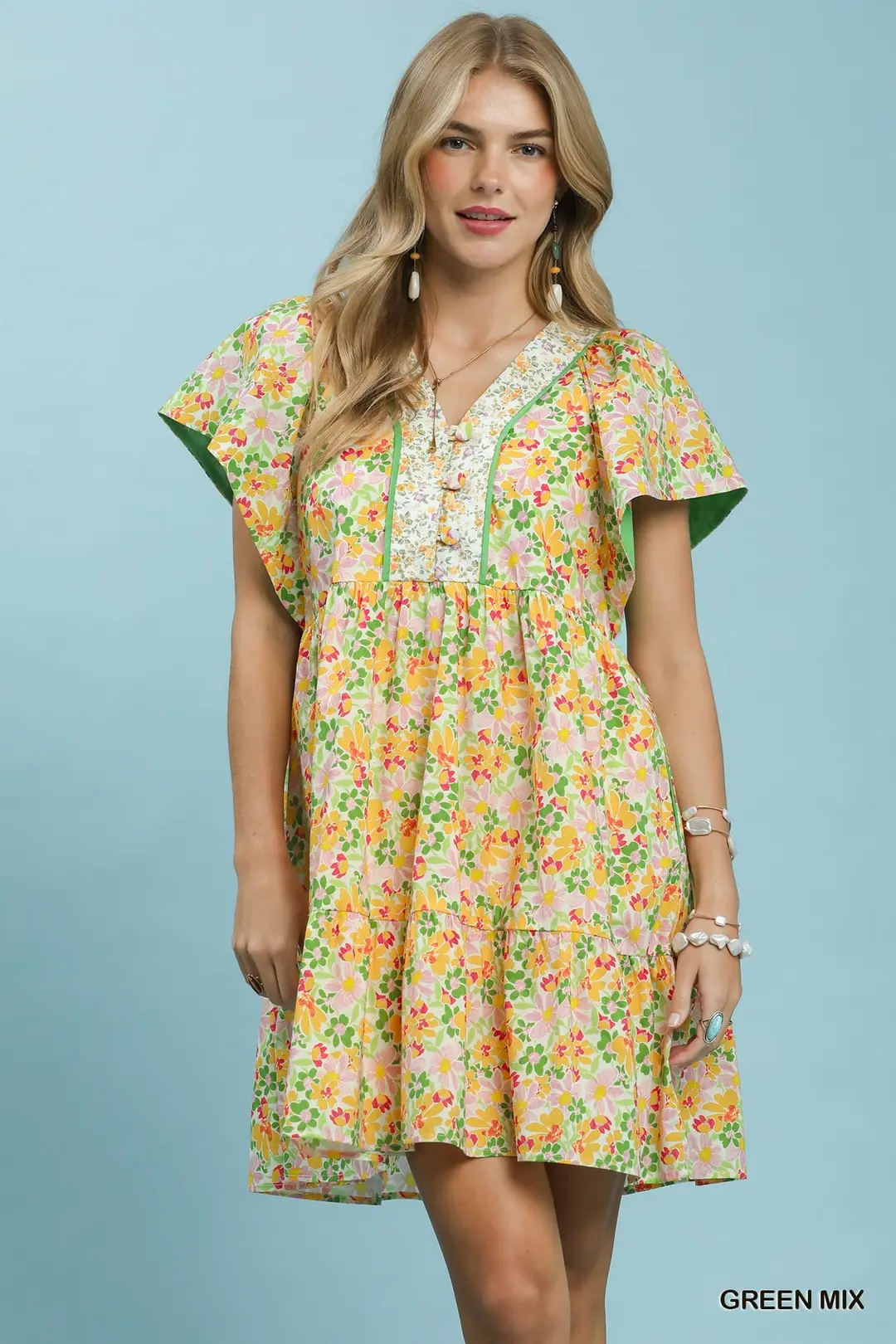 Mix Floral Tiered Mini Dress with Side Pockets