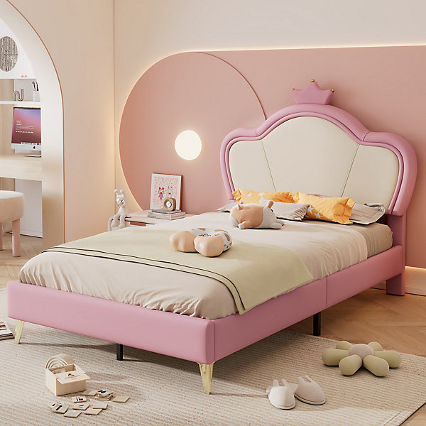 Lit enfant 90x200 cm - Lit Princesse Capitonné avec Tête Couronne, PU Rembourré, Sans Matelas - Rose et Blanc