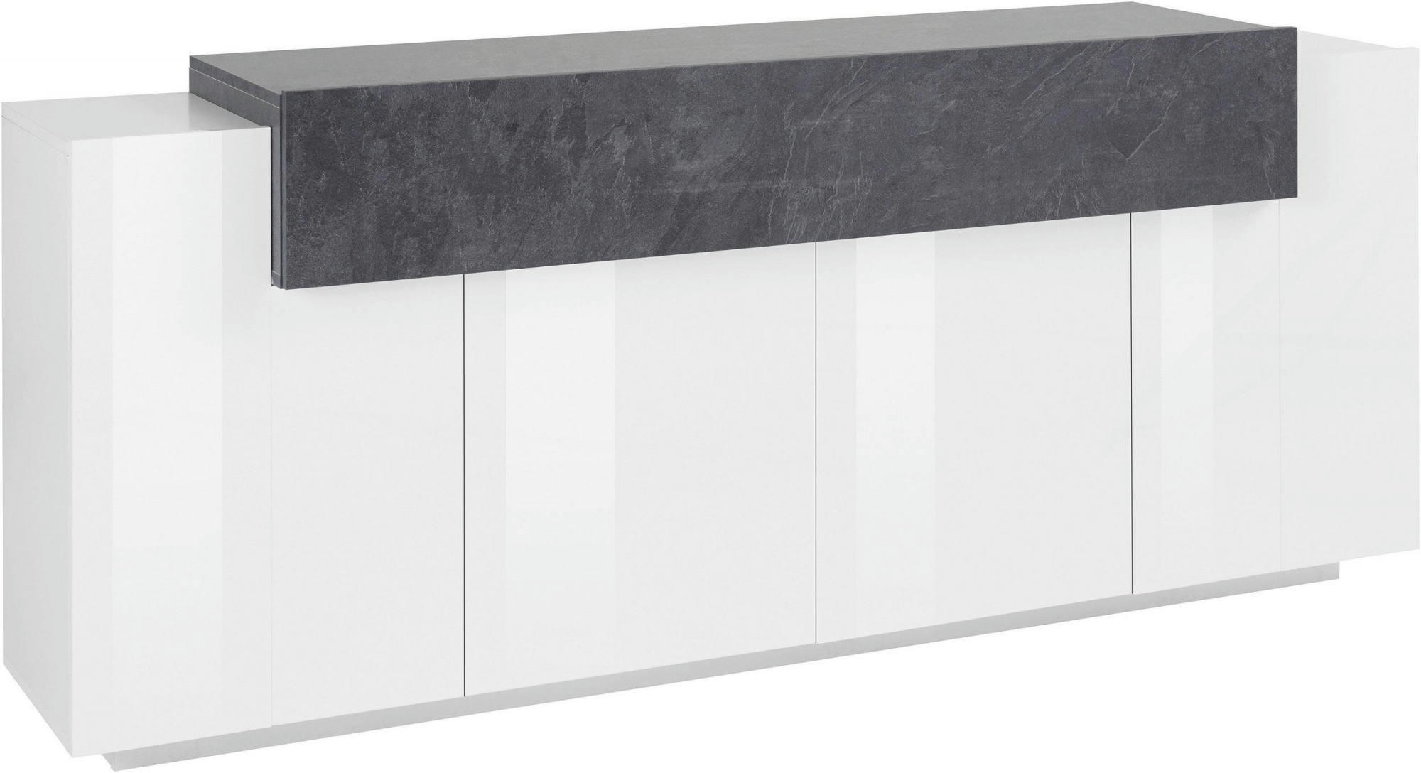 LORIS - Buffet 5 portes effet bois en blanc brillant et gris cendre