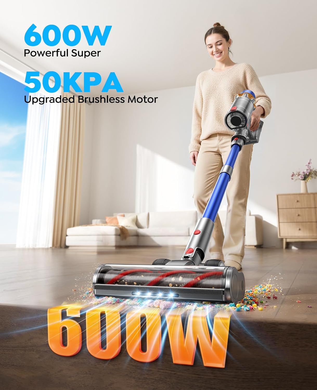 Cordless Vacuum Cleaner with 2 Batteries, 130 Mins/50KPa/600W Stick Vacuum Cleaners for Home with 3.3Ft Hose, Sofa Brush, TouchScreen AUTO-Mode, Wall Mount Charging, Scented, for Floor/Carpet/Pet Hair