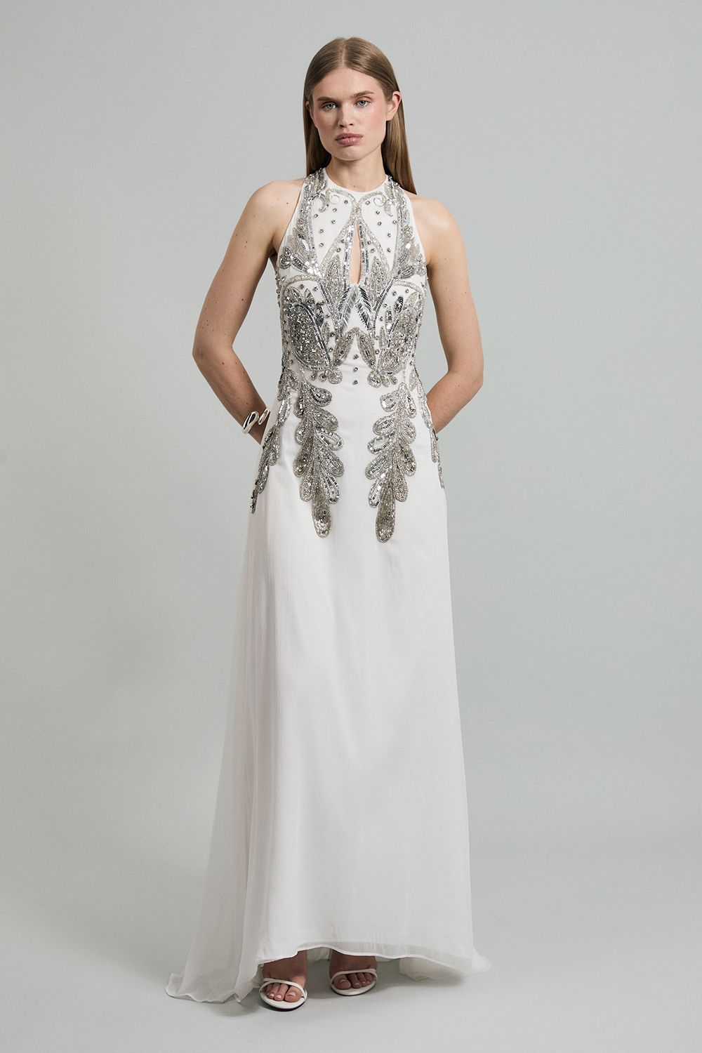 KarenMillen Halter Neck Bugle Bead Detail Woven Maxi Dress