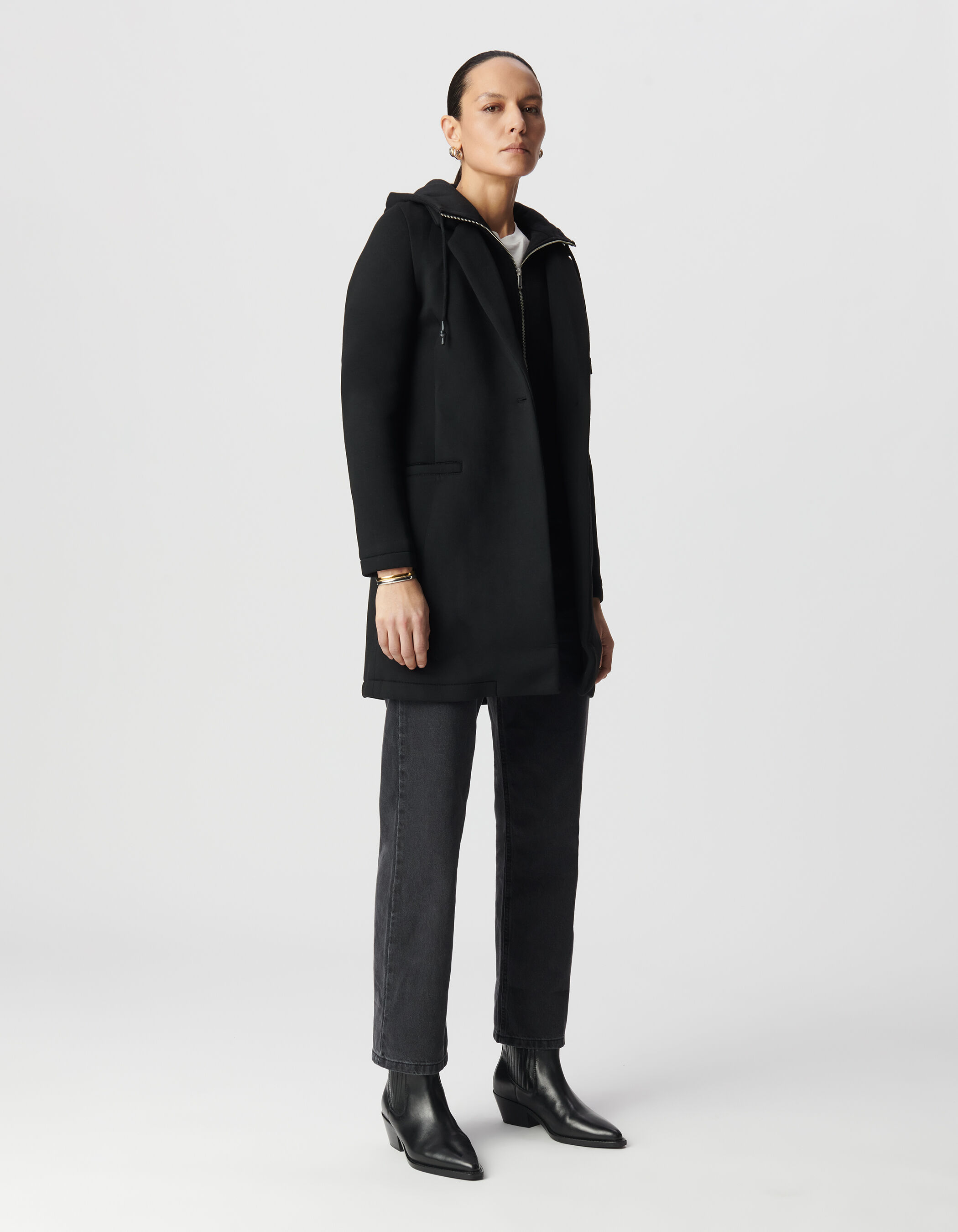 Manteau noir néoprène capuche amovible Femme