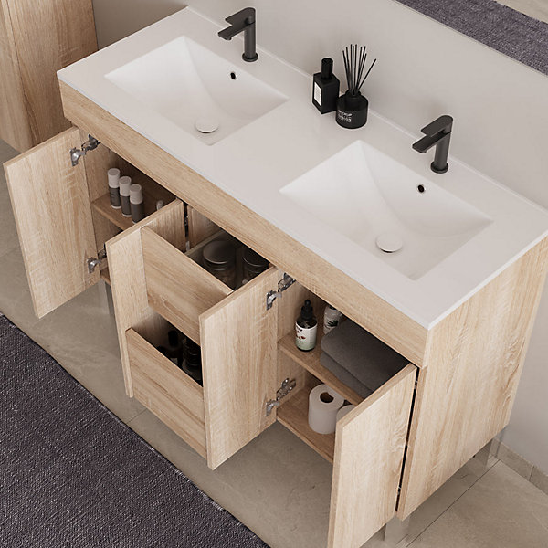 Meuble sous vasque seul, 2 tiroirs et 4 portes, 120cm, simple vasque - cambrian (chêne clair) - HARO