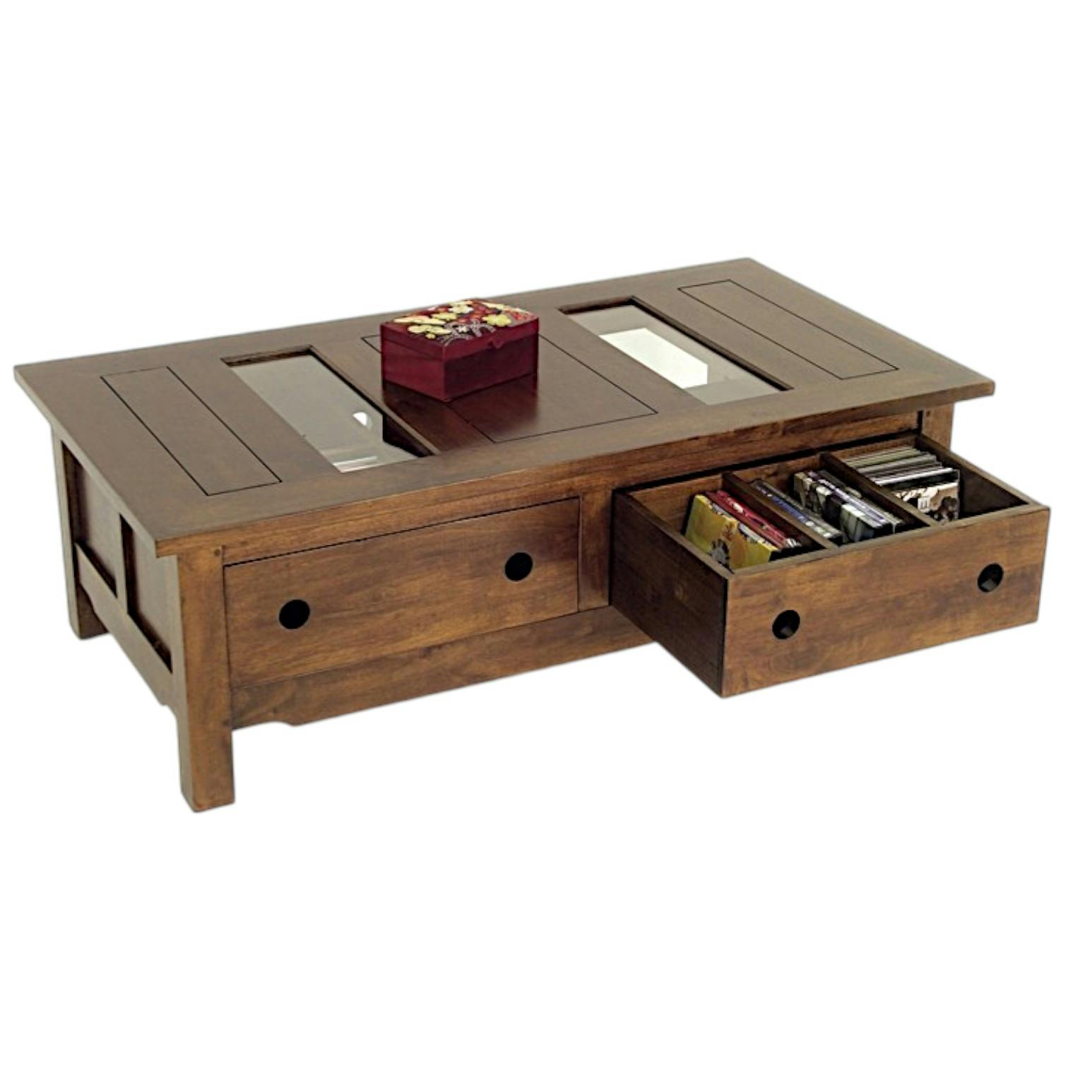 Table basse Hévéa 4 tiroirs, plateau bois avec 2 parties en verre 120x64x40cm TRADITION