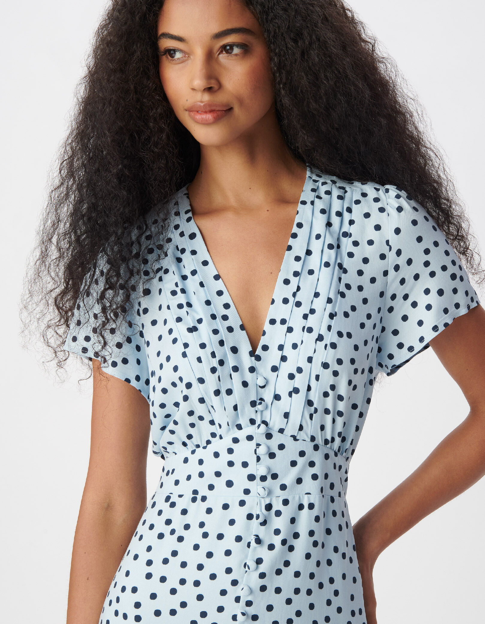 Robe encolure V bleu ciel imprimé pois Femme