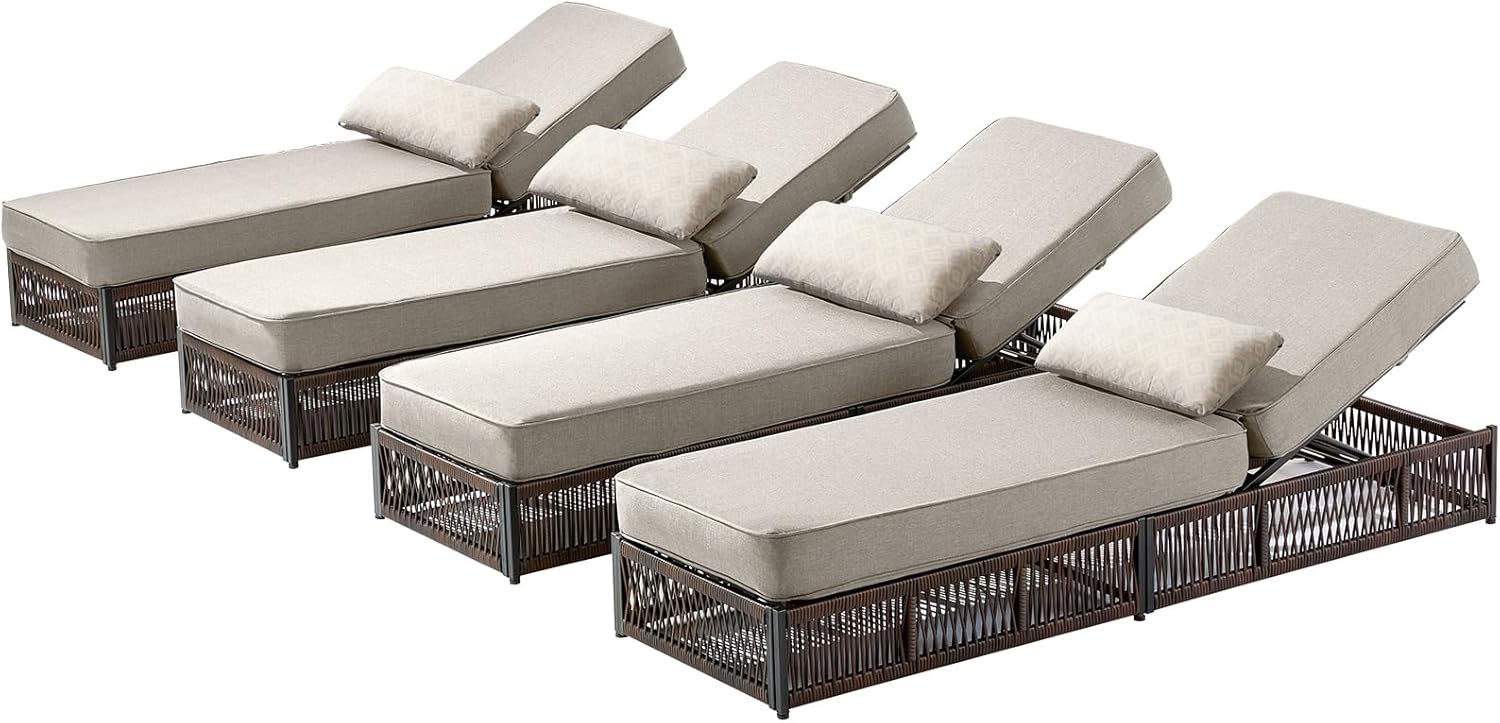 Luxury Outdoor Chaise Lounges with 5 Inch Thickened Cushions - Set of 4 High Back Brown Wicker Patio Recliners Rattan Reclining Chairs Porch Poolside Pool Sunbathing Lounger- Beige