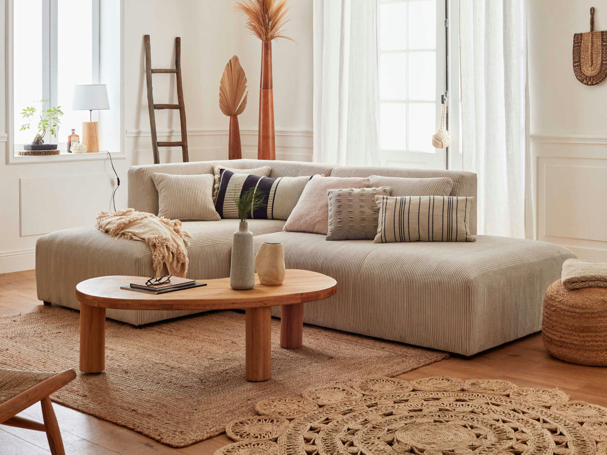 VICTOIRE - Canapé d'angle gauche 4 places en velours côtelé beige