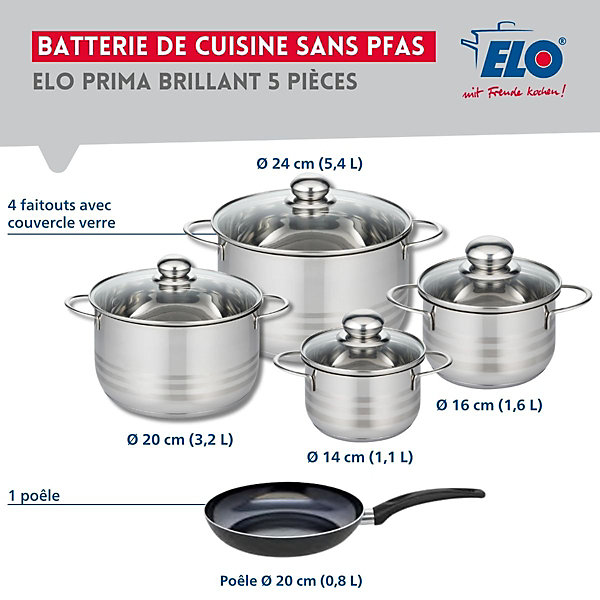 Ensemble de 1 Poêle de cuisson 20 cm et 4 faitouts 14, 16, 20 et 24 cm Elo Prima Brillant