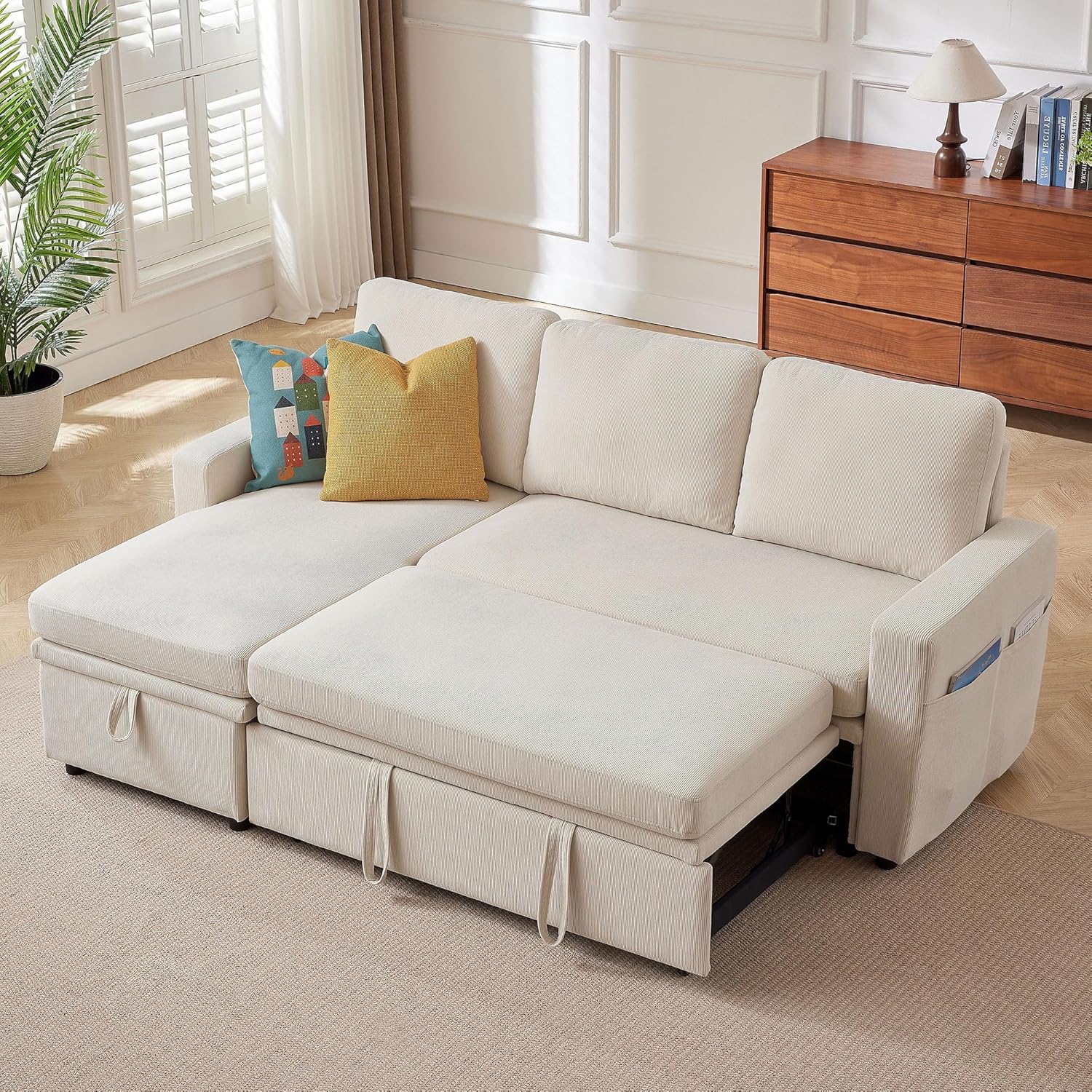 Sleeper Sofa, 79 Sectional Sofa Bed, 2 in 1 Pull Out Couch Bed with Storage Chaise and Side Pockets, L Shaped Sleeper Couch for Living Room, Beige