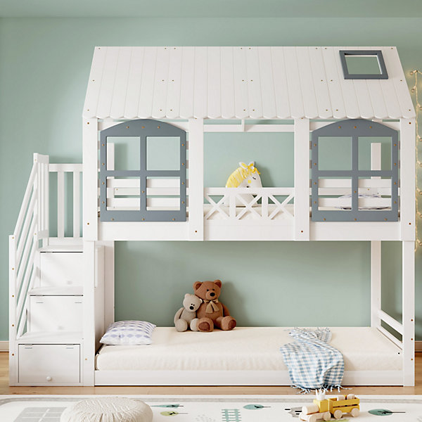 Lit superposé enfant 90x200 cm blanc/gris en pin et MDF avec barrières de sécurité, 3 tiroirs et rangement