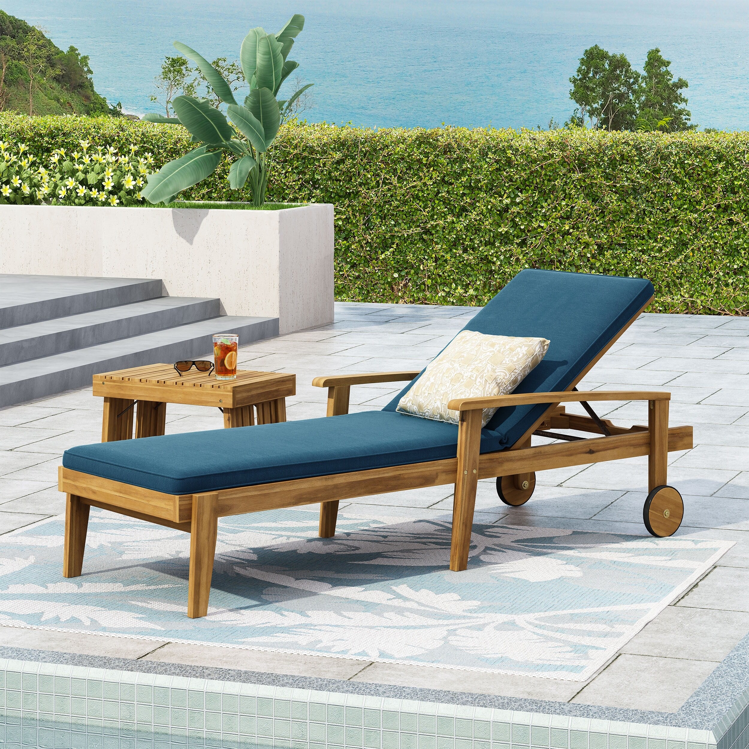 Outdoor Wooden Chaise Lounge Chair with Cushion & 5-Position Adjustable, Slat Reclining Chair with Wheels