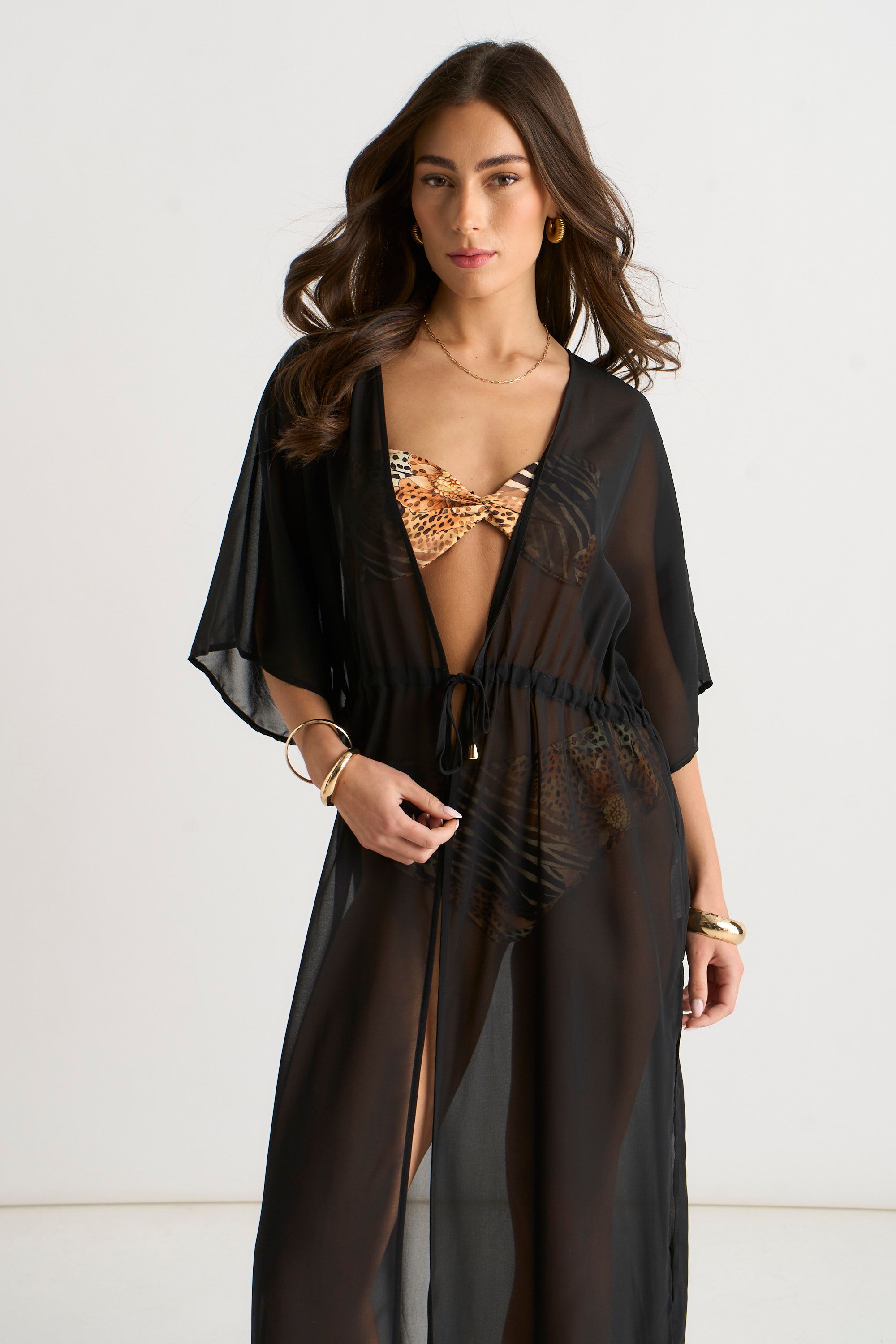 Gini London Black Flowy Open Front Beach Cover Kimono