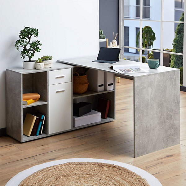 Bureau d'angle CARMEN avec meuble de rangement, décor béton et blanc mat